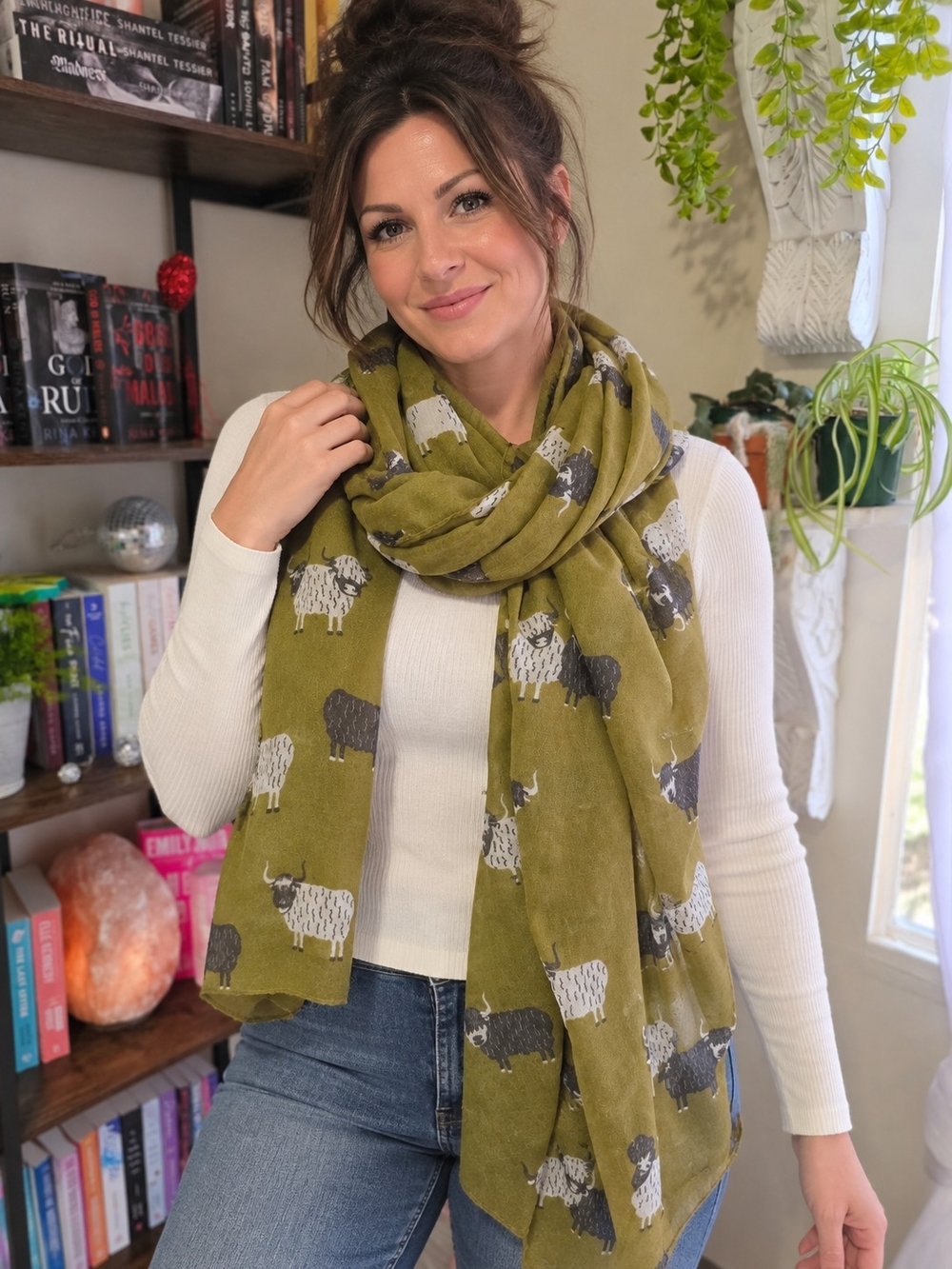 Olive Green Highland Cow Print Scarf -